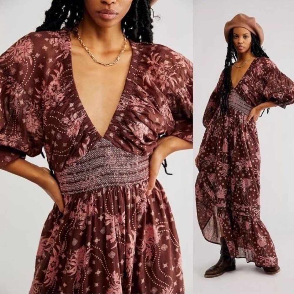 NWT Free People Golden Hour Boho Border Maxi Dress in Pink Chocolate Combo